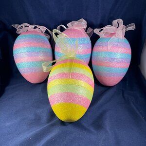 Set Of 4 Glittered Foam Easter Egg Decorations With Pastel Stripes & Ribbon Ties
